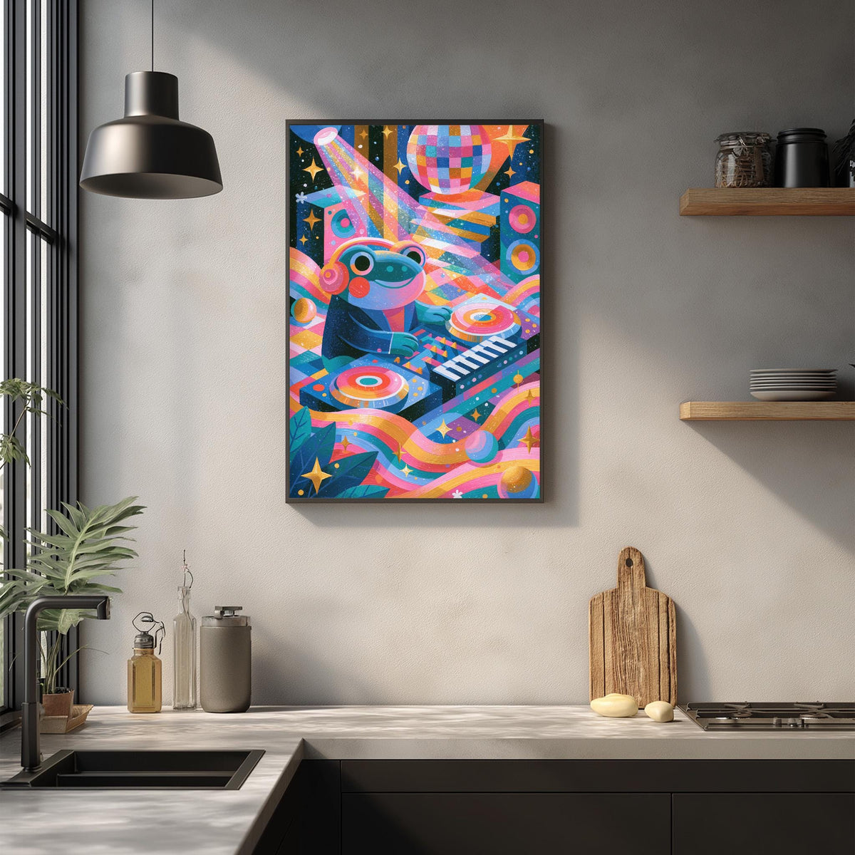 a vibrant, colorful abstract painting hanging on a wall above a kitchen counter. The painting depicts a whimsical scene with a frog-like creature surrounded by various musical instruments and a disco ball. The kitchen counter below the painting has a sink, a cutting board, and some other kitchen items, creating a cozy and lively atmosphere.