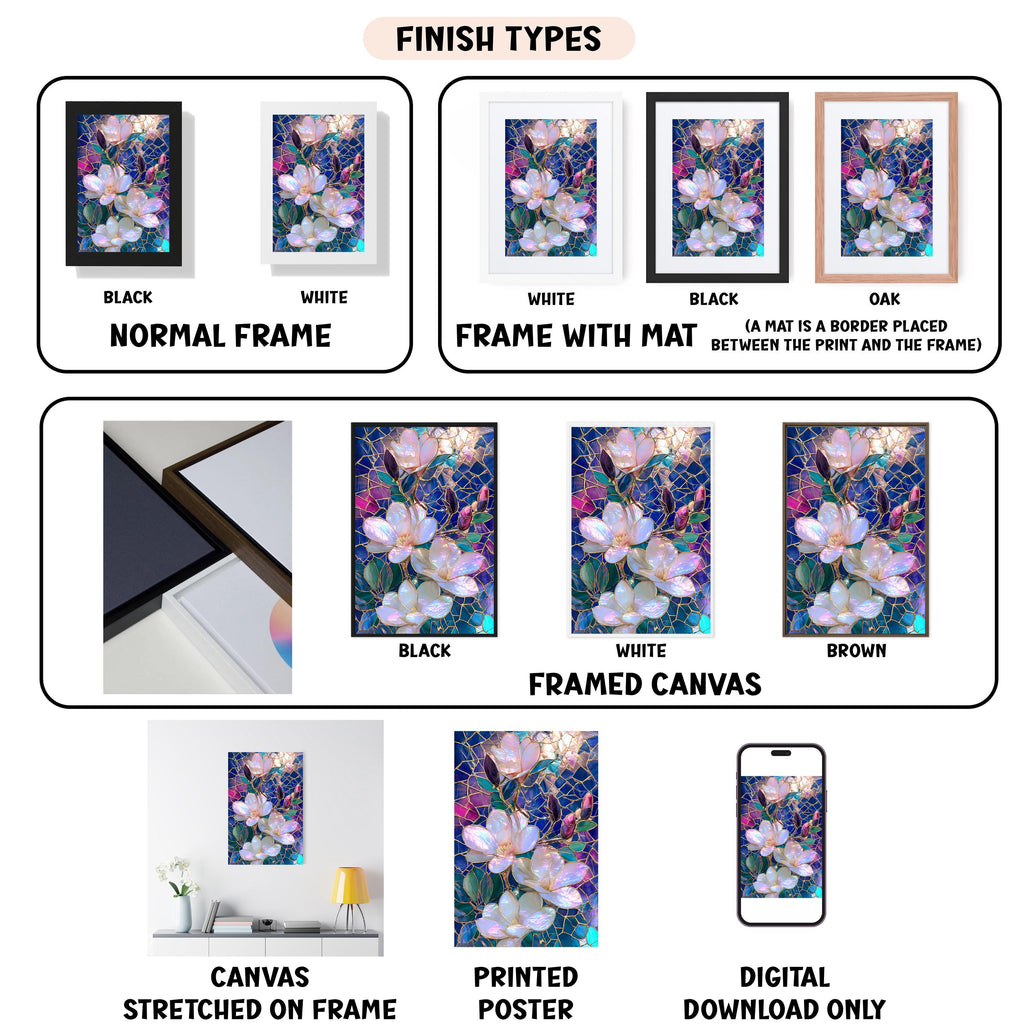 The image is a collection of various finish types for a framed artwork, including black, white, black and white, oak, white, black, white and mat, and framed canvas. It also includes images of a canvas stretched on a frame, a printed poster, and a digital download.