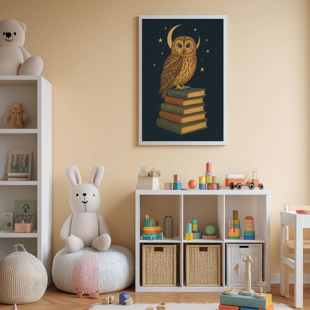 A cozy children's room with a bookshelf, a plush rabbit, and a colorful toy box filled with toys. Above the bookshelf, there is a framed poster of an owl on a stack of books.