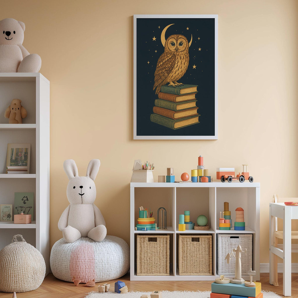 A cozy children's room with a bookshelf, a plush rabbit, and a colorful toy box filled with toys. Above the bookshelf, there is a framed poster of an owl on a stack of books.