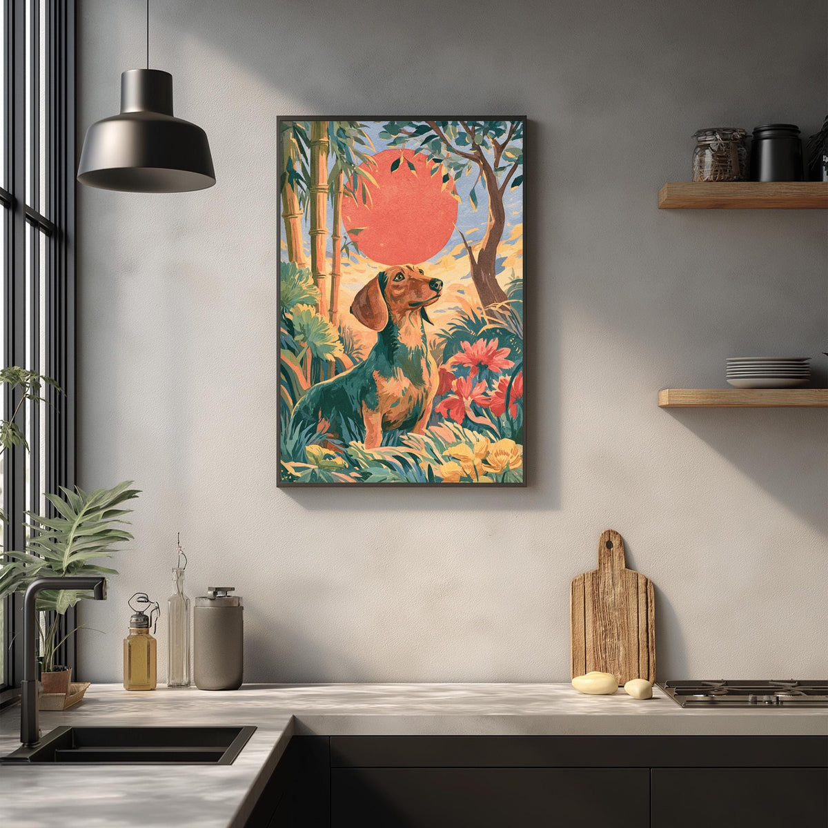 a framed painting of a dog in a tropical setting, hanging on a wall above a kitchen counter.
