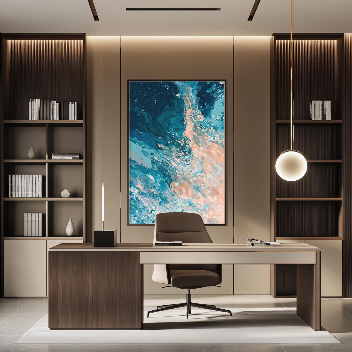 a modern and stylish office space with a large abstract painting on the wall, a wooden desk with a chair, and built-in bookshelves.