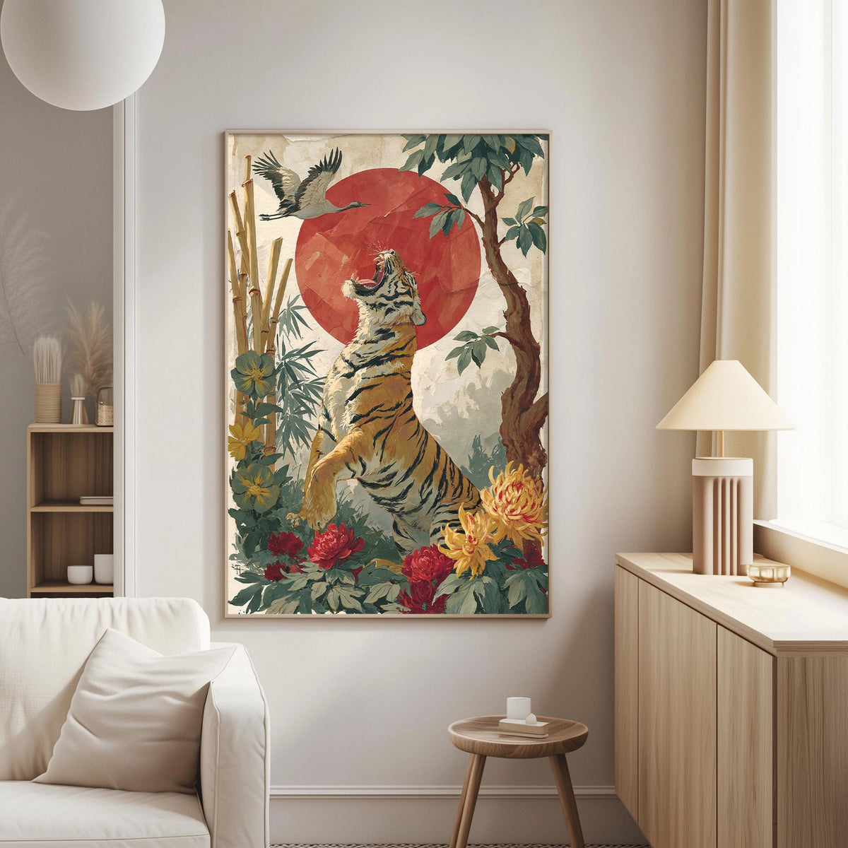 a large, colorful painting of a tiger surrounded by lush greenery, flowers, and a red sun in the background.