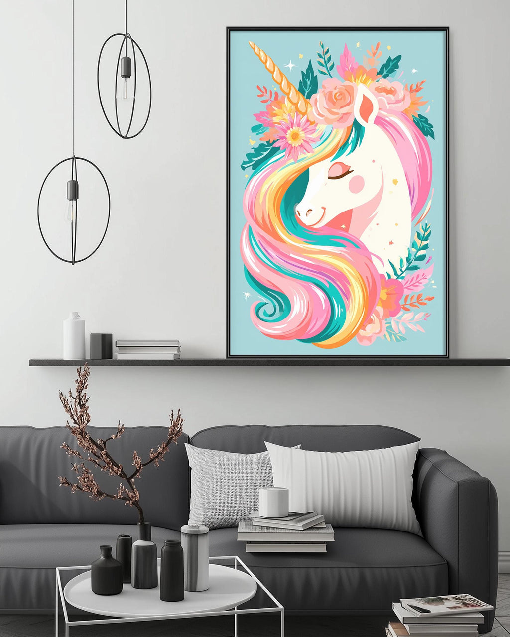 a large, colorful painting of a unicorn with a pink and white mane, surrounded by flowers and leaves, hanging on a wall above a gray couch in a living room setting.