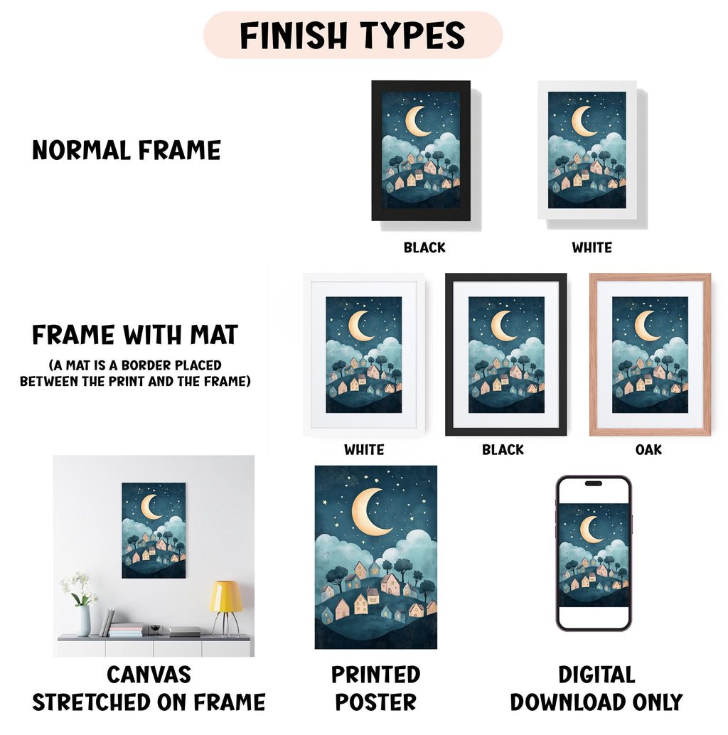 various framed artworks depicting different night scenes, including a crescent moon, stars, and silhouettes of houses or buildings. The artworks are presented in different frame styles, such as a normal frame, a frame with a mat, a white frame, a black frame, an oak frame, and a digital poster. The artworks are labeled with their respective finish types, such as canvas stretched on frame, printed poster, and digital download only.