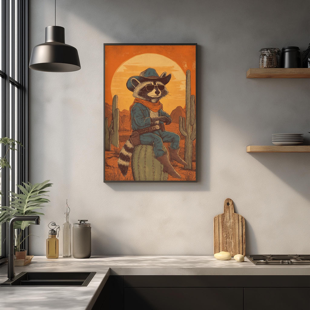 a framed illustration of a raccoon dressed as a cowboy, sitting on a cactus and holding a gun, hanging on a wall in a kitchen setting.