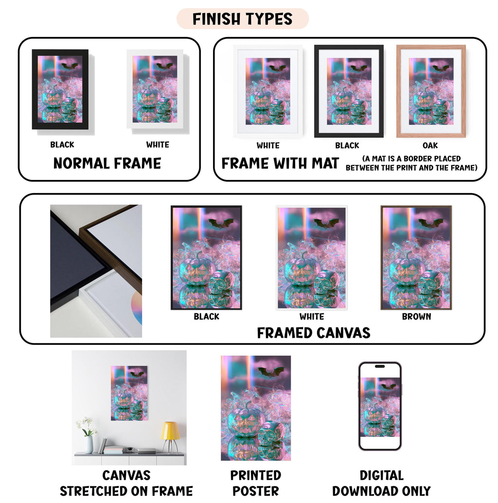 various types of artwork, including framed prints, canvas prints, and digital art, each with different finishes and frame styles.