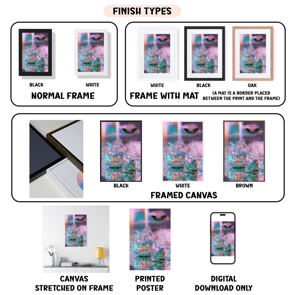 various types of artwork, including framed prints, canvas prints, and digital art, each with different finishes and frame styles.