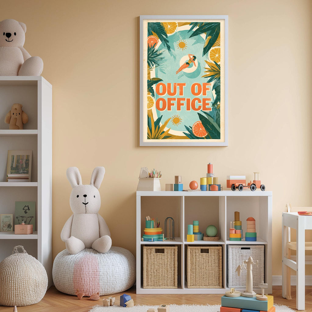 A child's bedroom with a white bookshelf, a stuffed rabbit, and a colorful poster on the wall that says "OUT OF OFFICE".
