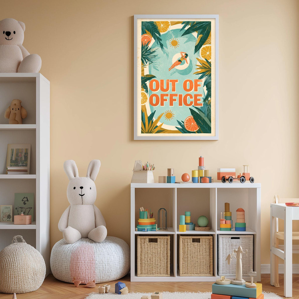 A child's bedroom with a white bookshelf, a stuffed rabbit, and a colorful poster on the wall that says "OUT OF OFFICE".