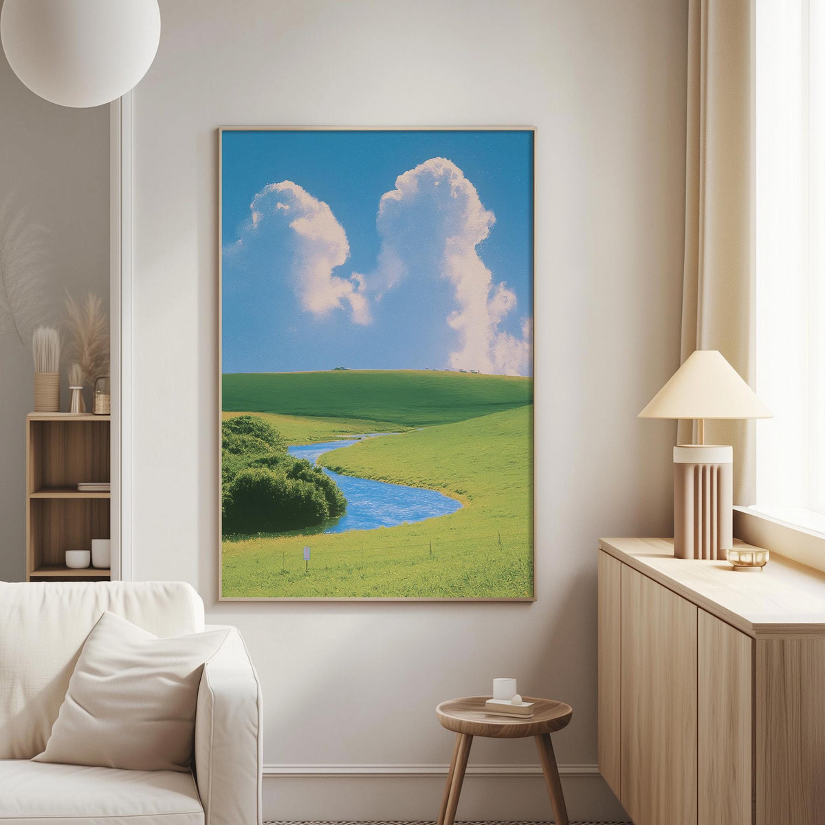 a serene landscape with a winding river, lush green fields, and a clear blue sky with fluffy white clouds.