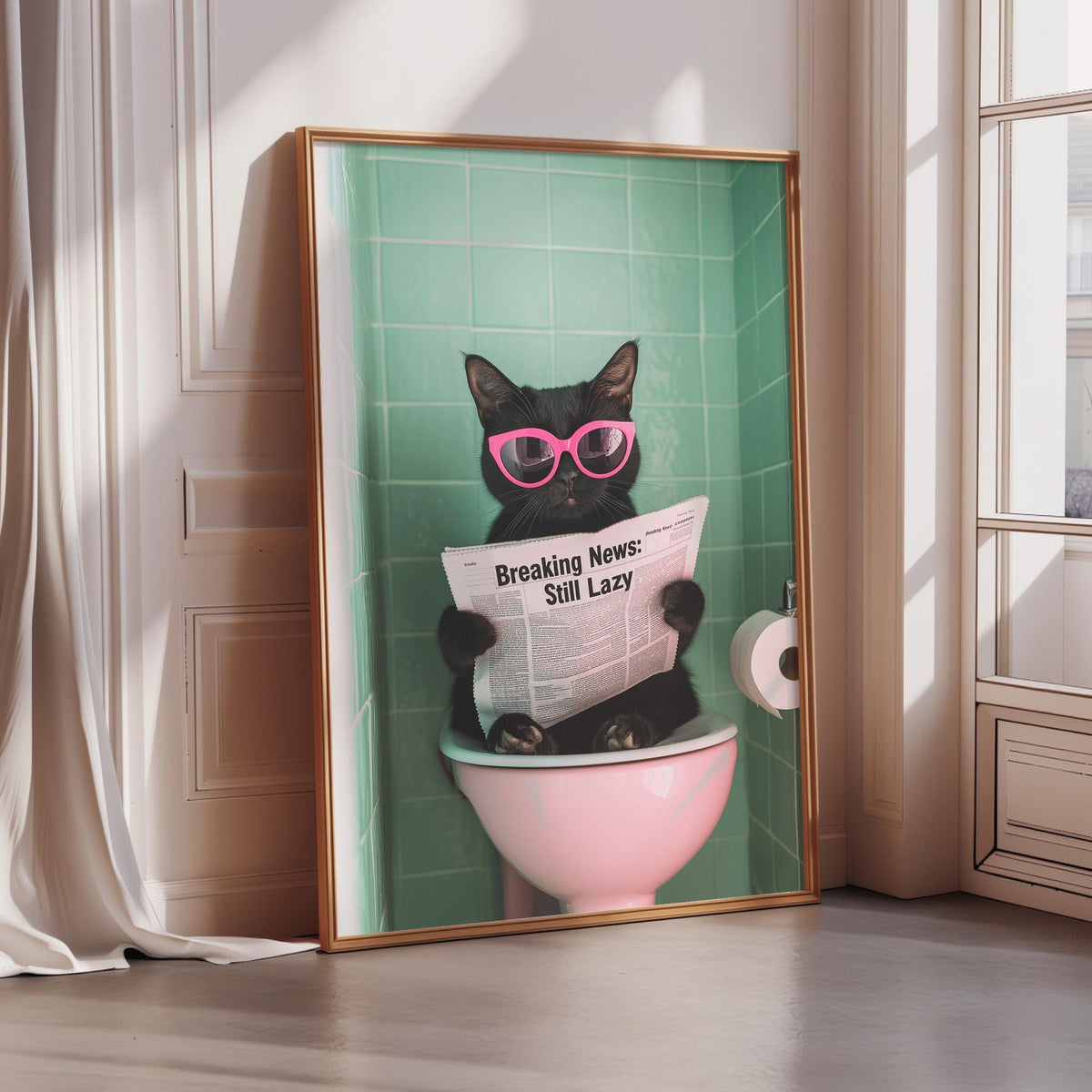 A black cat wearing pink sunglasses is sitting on a pink toilet seat and reading a newspaper that says "Breaking News: Still Lazy".