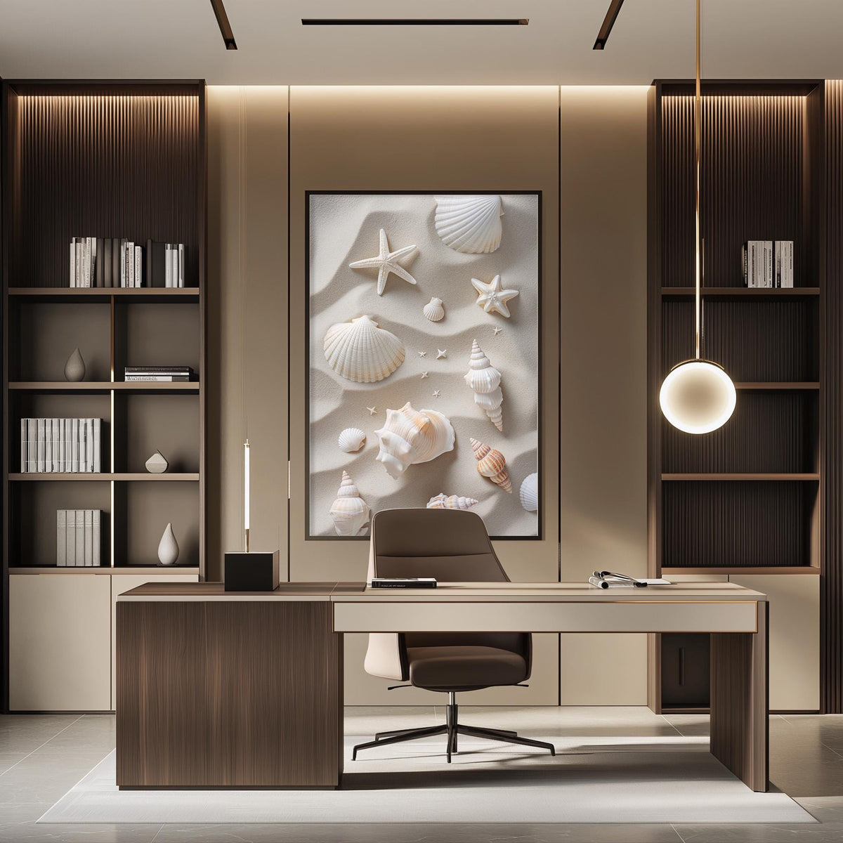 a modern and stylish office space with a large framed artwork featuring seashells and starfish on the wall. The office features a wooden desk, a comfortable chair, and built-in bookshelves. The overall design and decor create a serene and inviting atmosphere.