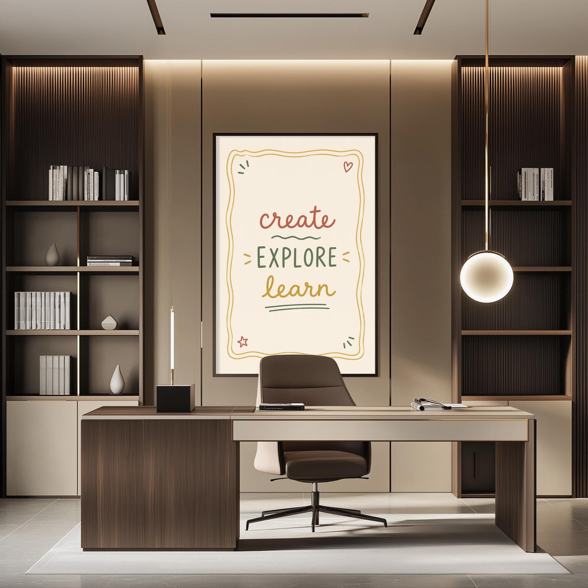 a modern office space with a desk, chair, and bookshelves. A motivational poster on the wall encourages the viewer to "Create, Explore, Learn".