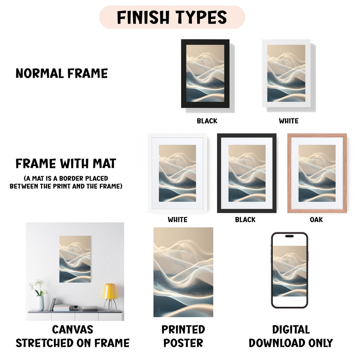 various finish types for artwork, including a normal frame, a frame with a mat, a white frame, a black frame, an oak frame, a printed poster, and a digital download only.