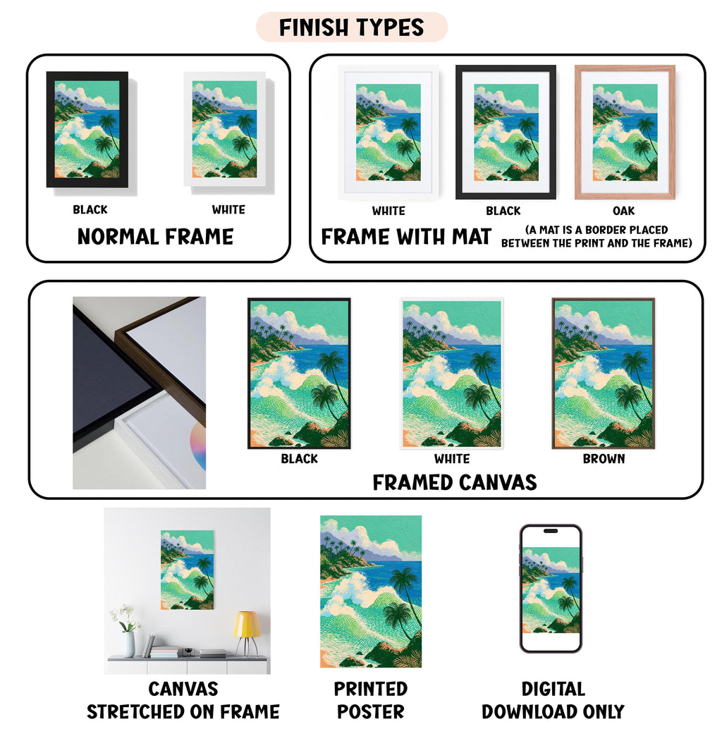 various types of artwork, including paintings, framed prints, and digital art, each with different finishes and frame styles.