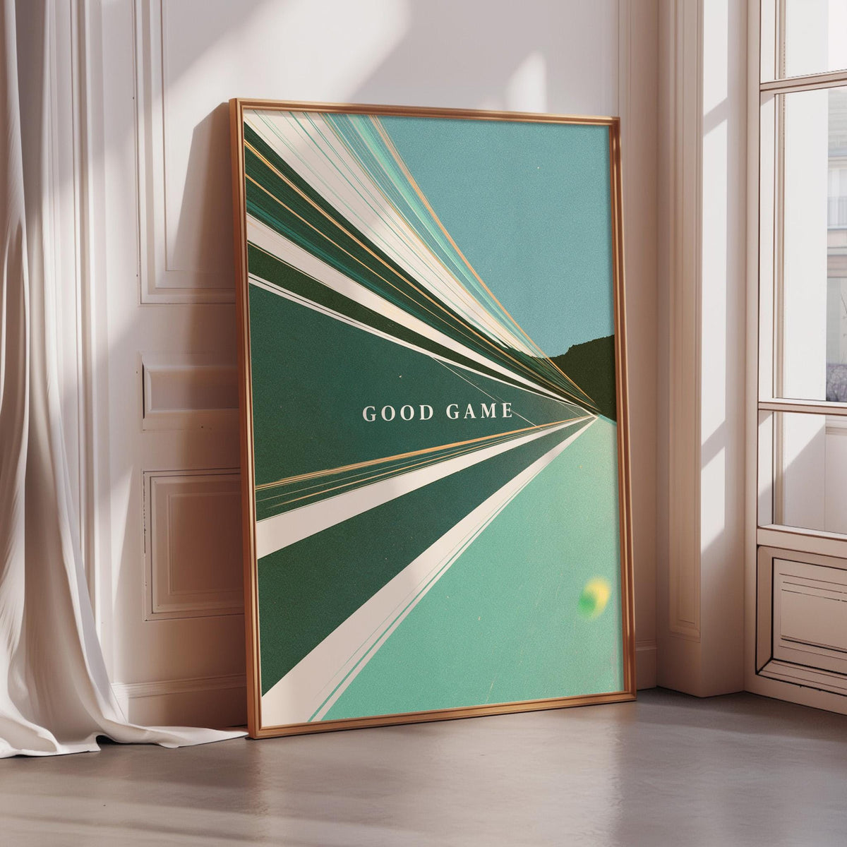 a framed poster with a vibrant abstract design in shades of green and blue, leaning against a white wall.
