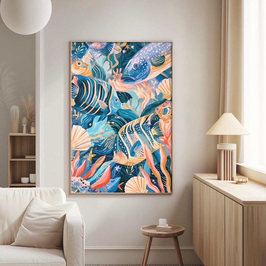a vibrant and colorful painting of various marine life, including fish, coral, and other sea creatures, hanging on a wall in a living room setting.