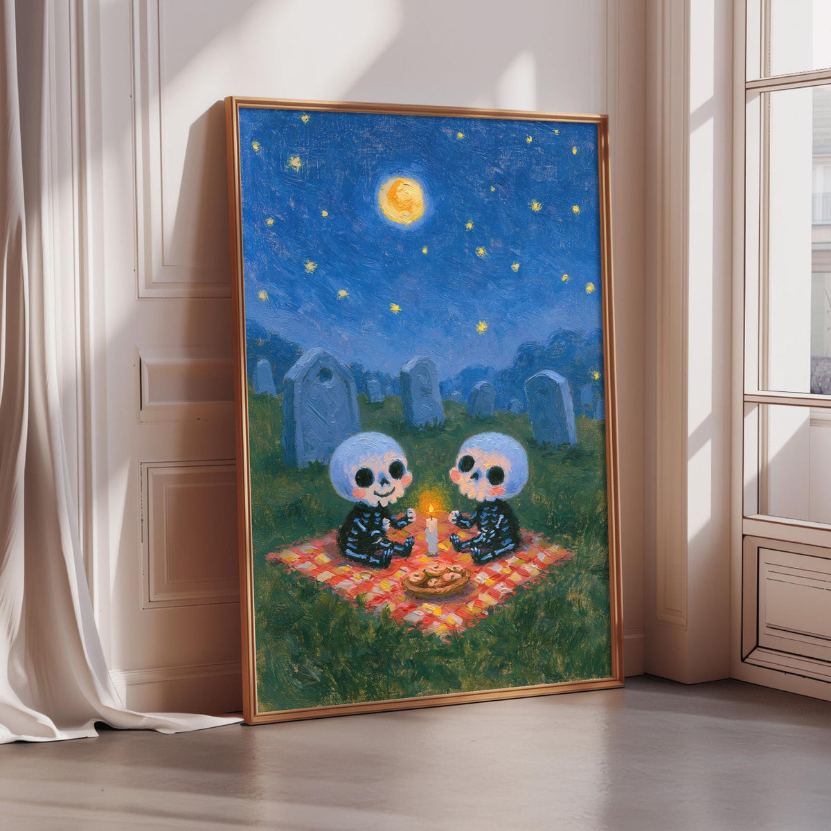 The image is a painting depicting two skeletal figures sitting on a blanket in a cemetery at night, with a full moon and stars in the sky.