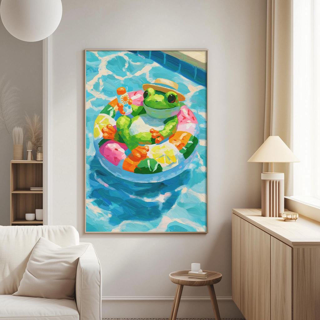 a vibrant painting of a frog sitting in a colorful inner tube, floating in a pool of blue water.