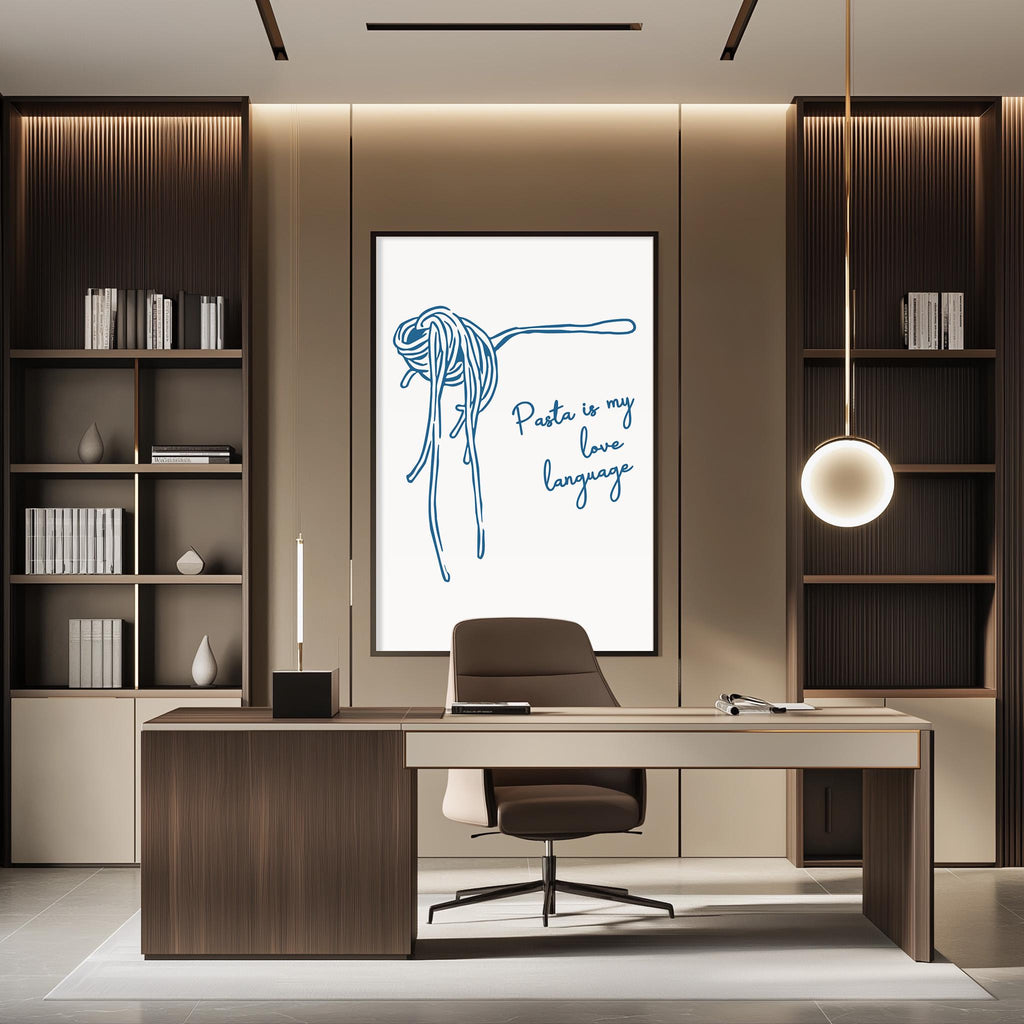 a modern office space with a desk, chair, and bookshelves. A large poster or artwork depicting a noodle is displayed on the wall above the desk.