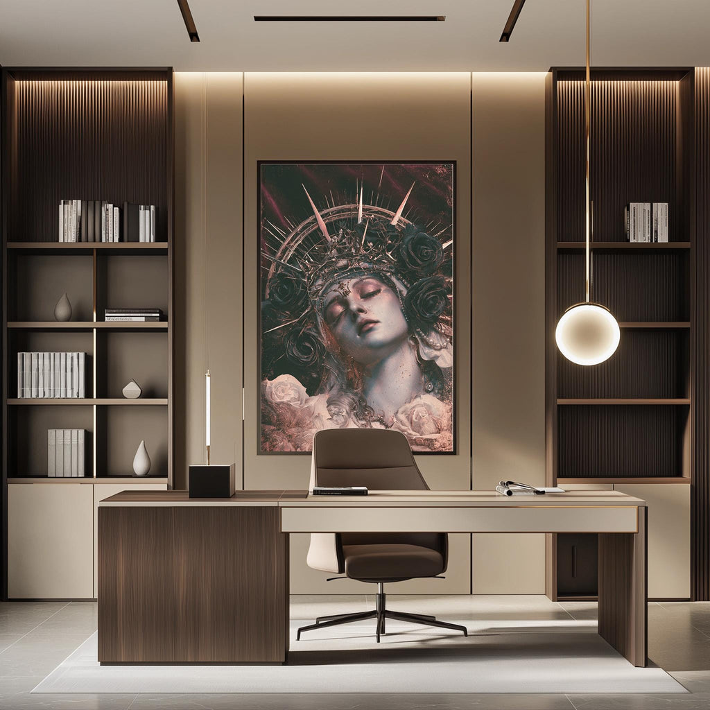 a modern and stylish office space with a large framed artwork of a woman's face on the wall, a wooden desk with a chair, and built-in bookshelves.