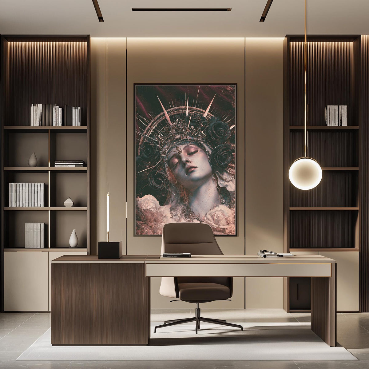 a modern and stylish office space with a large framed artwork of a woman's face on the wall, a wooden desk with a chair, and built-in bookshelves.