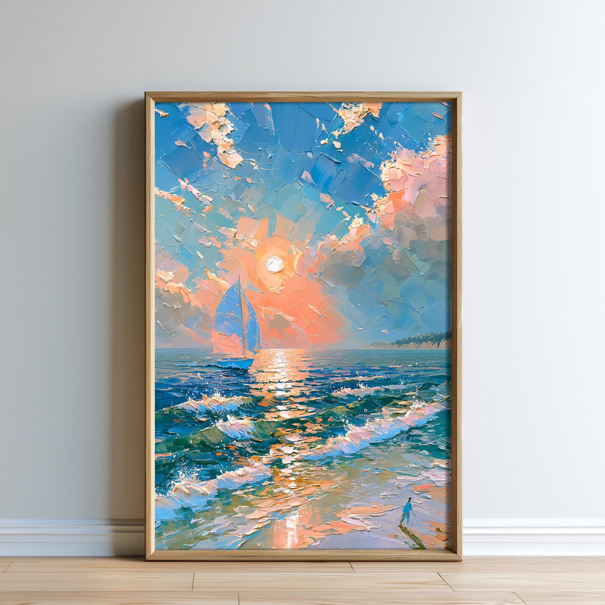 The image is a framed painting depicting a serene beach scene with a sailboat on the water and a person walking along the shoreline.