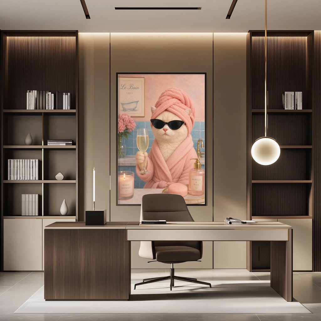 a modern office space with a large framed picture of a cat wearing a pink bathrobe and sunglasses, holding a glass of champagne. The cat is sitting on a chair in front of a desk, which has a computer monitor and other office supplies. The office is well-lit and has a minimalist design with wooden shelves and a round light fixture.