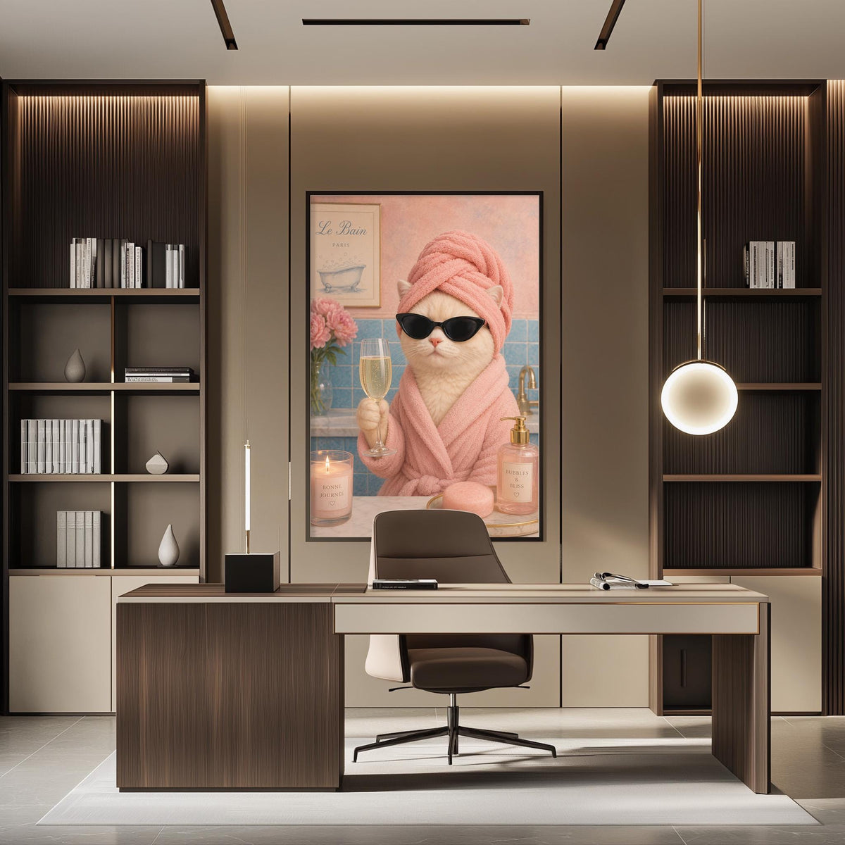 a modern office space with a large framed picture of a cat wearing a pink bathrobe and sunglasses, holding a glass of champagne. The cat is sitting on a chair in front of a desk, which has a computer monitor and other office supplies. The office is well-lit and has a minimalist design with wooden shelves and a round light fixture.