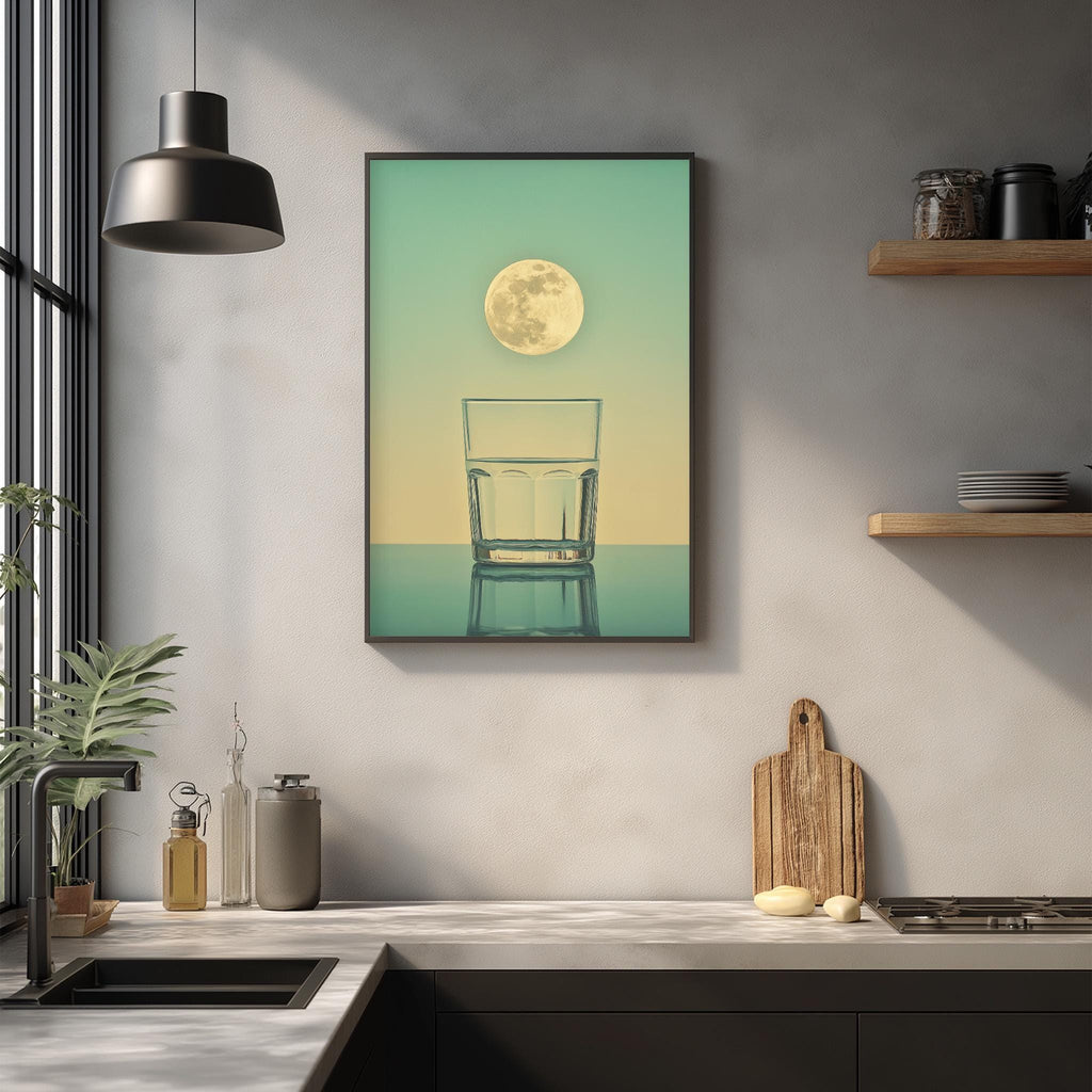 a kitchen counter with a framed picture of a glass of water hanging on the wall above it. The glass is positioned in front of a large, full moon, creating a serene and calming atmosphere.