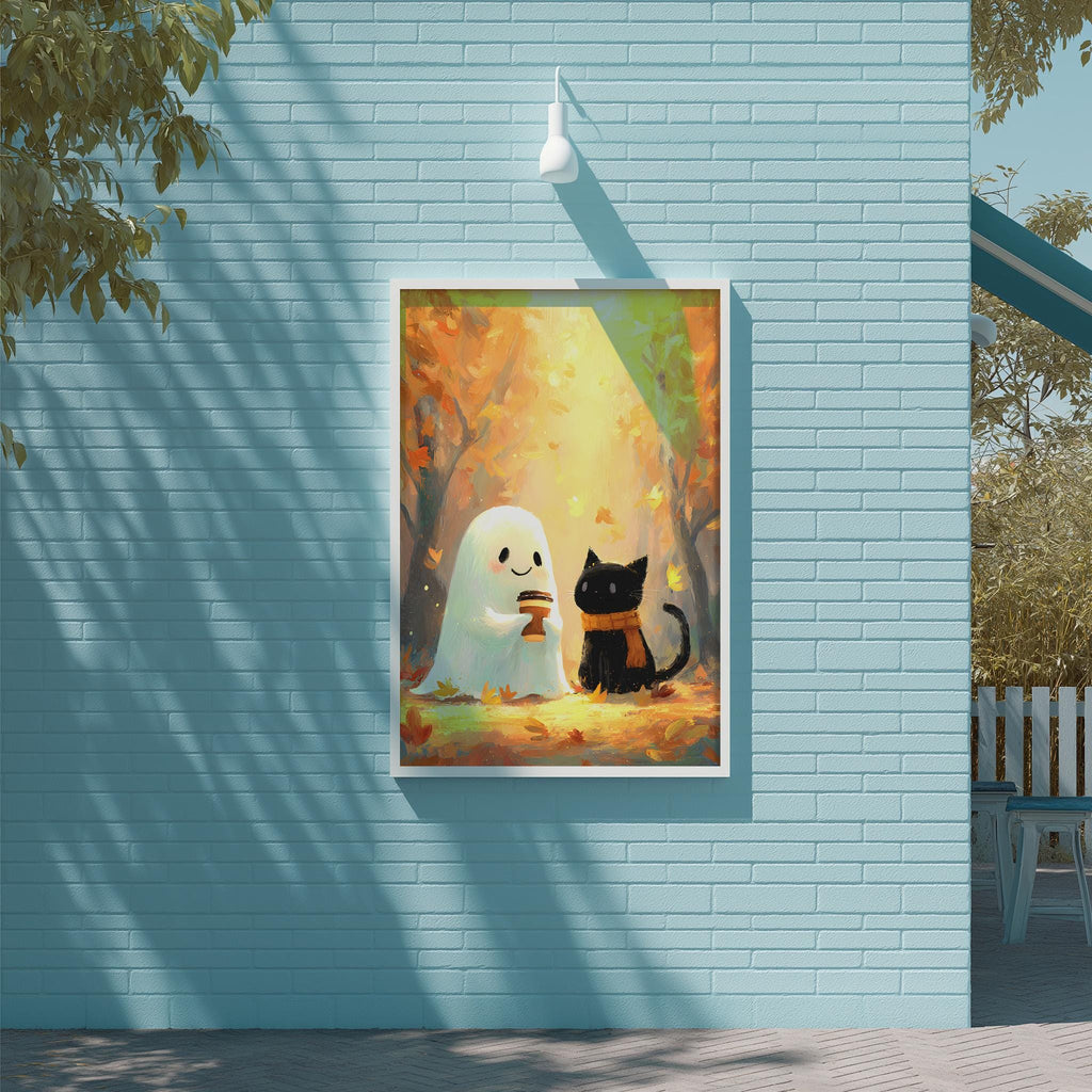 a whimsical scene of a ghost and a black cat sitting together on a leaf-strewn ground, with a tree in the background. The ghost is dressed in a white outfit and has a pumpkin in its hand, while the black cat is sitting next to it. The image is framed and displayed on a blue wall, creating a festive and playful atmosphere.