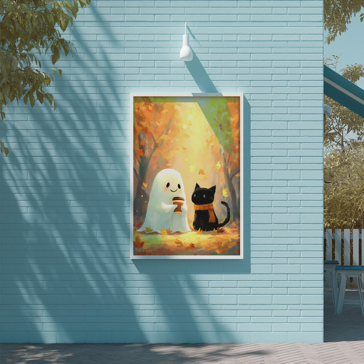 a whimsical scene of a ghost and a black cat sitting together on a leaf-strewn ground, with a tree in the background. The ghost is dressed in a white outfit and has a pumpkin in its hand, while the black cat is sitting next to it. The image is framed and displayed on a blue wall, creating a festive and playful atmosphere.