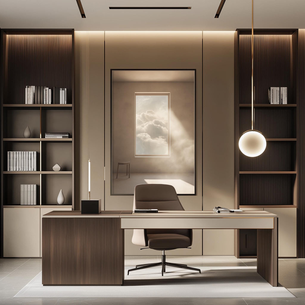 a modern and minimalist office space with a large window, wooden furniture, and a minimalist design aesthetic.
