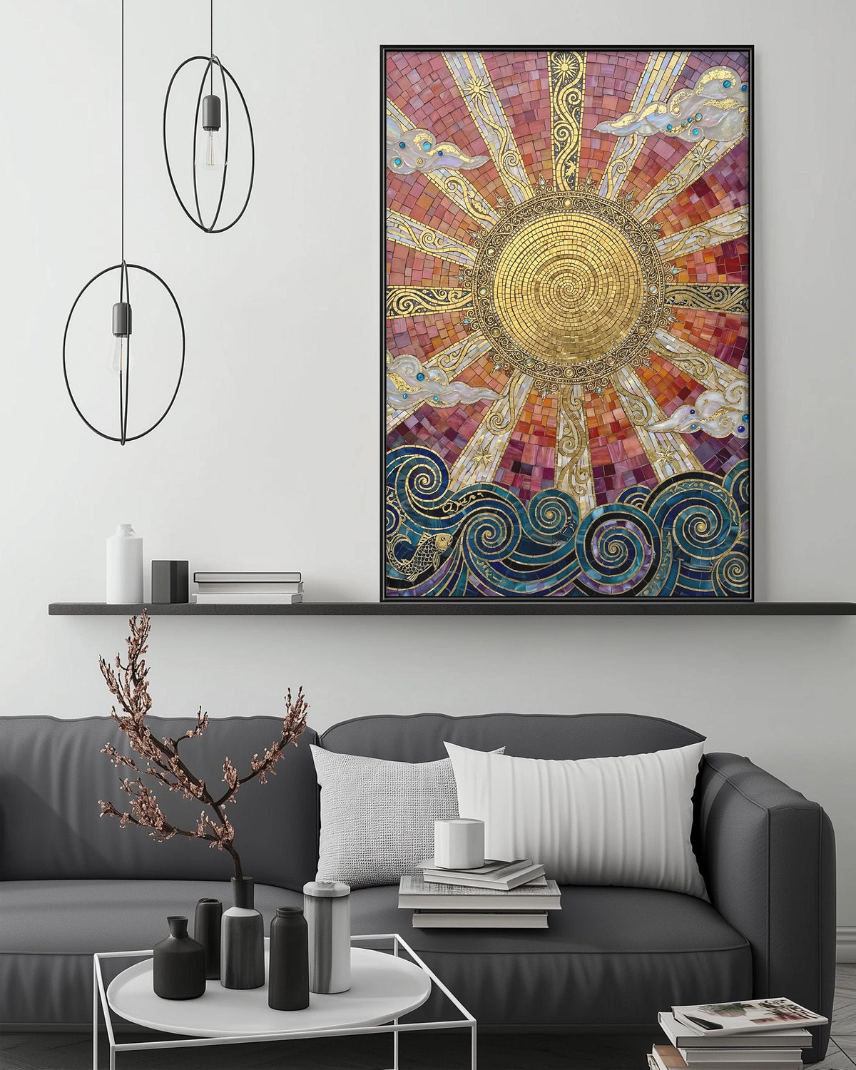 a modern living room with a gray sofa, a coffee table, and a large framed artwork depicting a sun and waves on the wall.