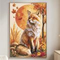 a large painting of a fox sitting in a forest setting, surrounded by autumn foliage and mushrooms. The painting is hung on a wall in a living room, with a white couch and a small table nearby.