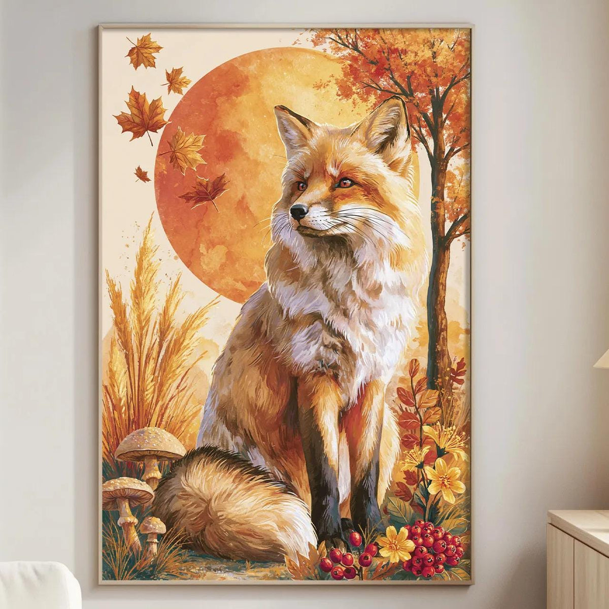 a large painting of a fox sitting in a forest setting, surrounded by autumn foliage and mushrooms. The painting is hung on a wall in a living room, with a white couch and a small table nearby.