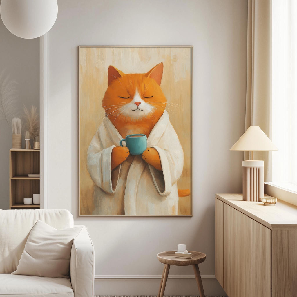 a cozy living room with a large painting of an orange cat dressed in a white robe, holding a blue mug and appearing to be enjoying a warm beverage.