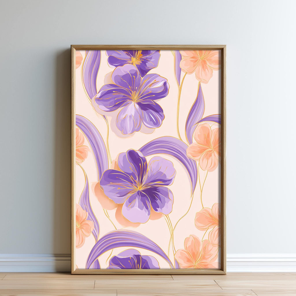 a framed print of a floral design with purple and orange flowers.