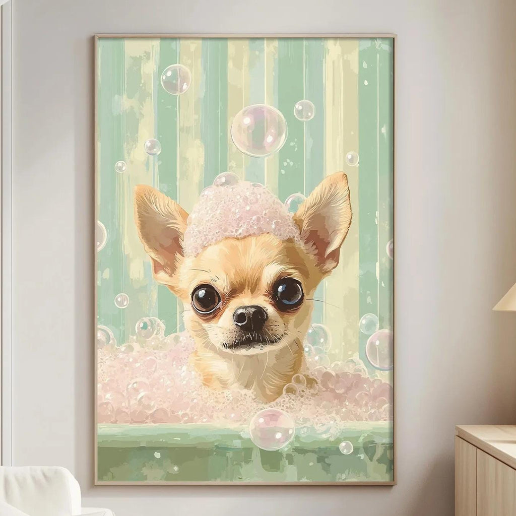 A framed painting of a Chihuahua dog with a pink bathtub filled with bubbles, creating a whimsical and playful scene.