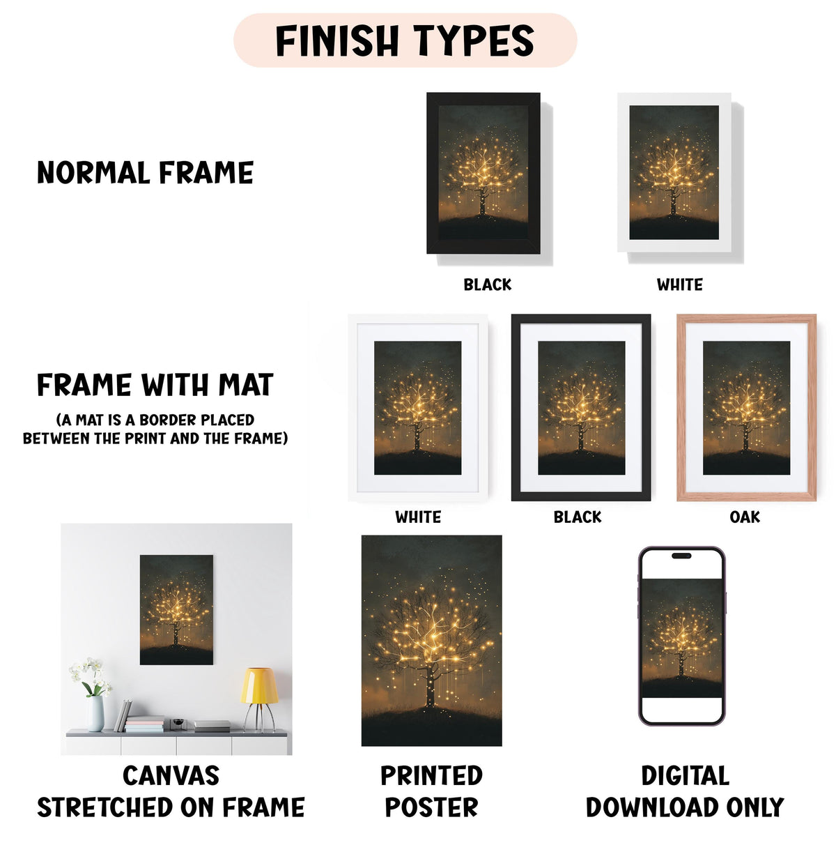 various types of artwork, including a normal frame, a frame with a mat, a white frame, a black frame, a white frame, a black frame, an oak frame, a canvas stretched on a frame, a printed poster, and a digital download only.