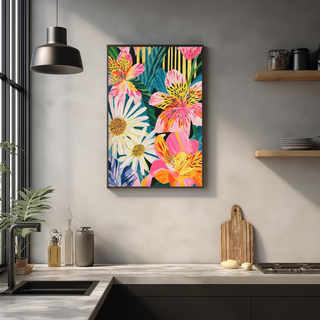 a kitchen counter with a wooden cutting board, a plant, and a framed colorful painting of flowers hanging on the wall above it.