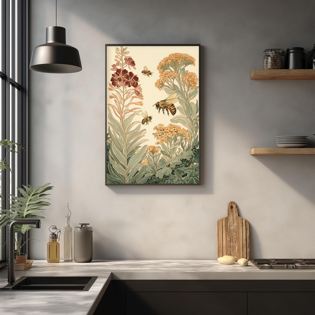 a kitchen counter with a framed painting of flowers and bees hanging on the wall above it. The painting is surrounded by various kitchen items, such as a cutting board, a bottle, and a bowl.