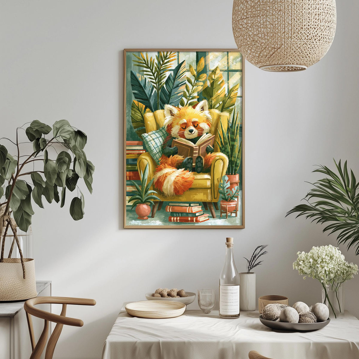 a cozy indoor setting with a framed painting of a red panda sitting in a chair surrounded by plants and books, creating a warm and inviting atmosphere.