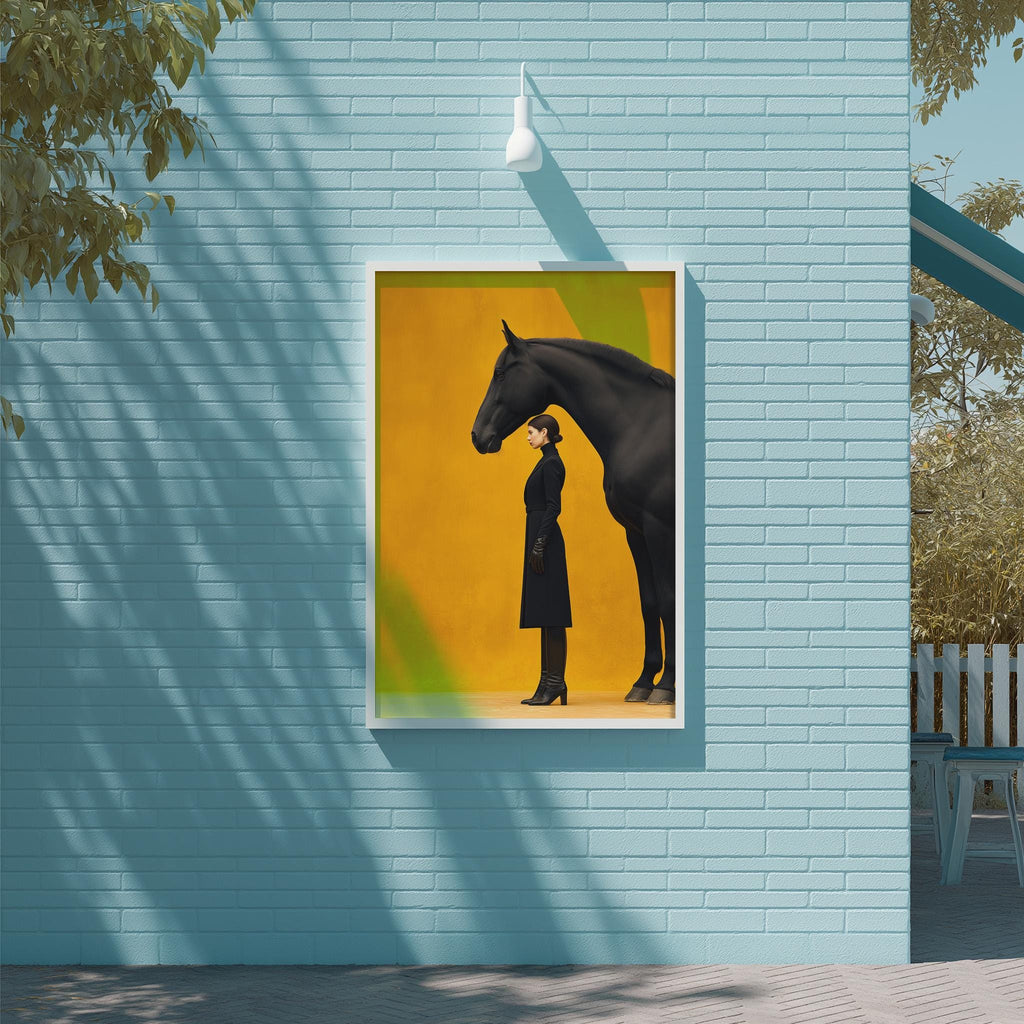 A framed image of a woman standing next to a black horse on a blue wall, with a tree and a white light fixture visible in the background.