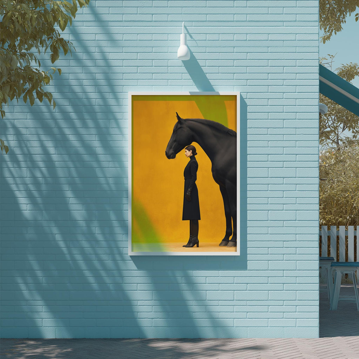 A framed image of a woman standing next to a black horse on a blue wall, with a tree and a white light fixture visible in the background.