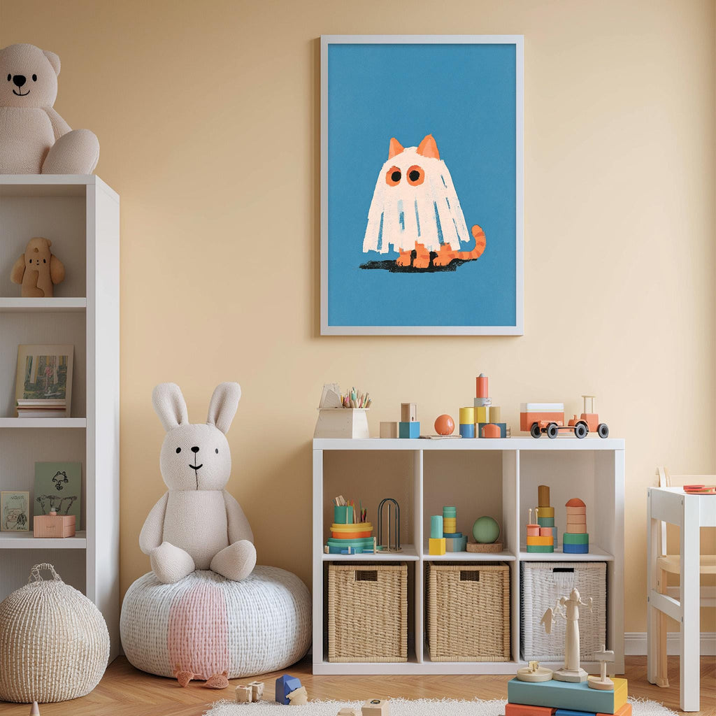 A cozy children's room with a white rabbit sitting on a bean bag chair, surrounded by shelves filled with toys and books, and a framed picture of a ghost on the wall.