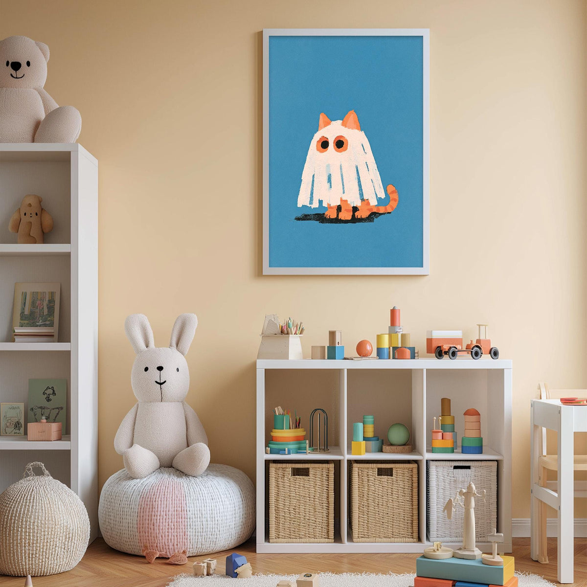 A cozy children's room with a white rabbit sitting on a bean bag chair, surrounded by shelves filled with toys and books, and a framed picture of a ghost on the wall.