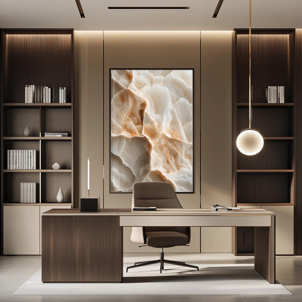 a modern and stylish office space with a large abstract painting on the wall, a wooden desk with a chair, and built-in bookshelves.