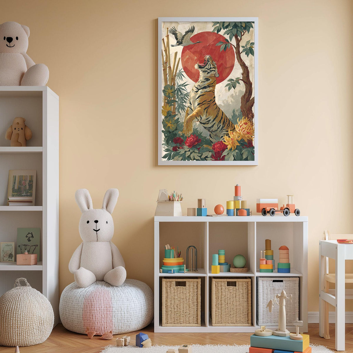 A child's bedroom with a large stuffed rabbit, a bookshelf, and a cubby filled with toys. A framed painting of a tiger is hanging on the wall above the cubby.